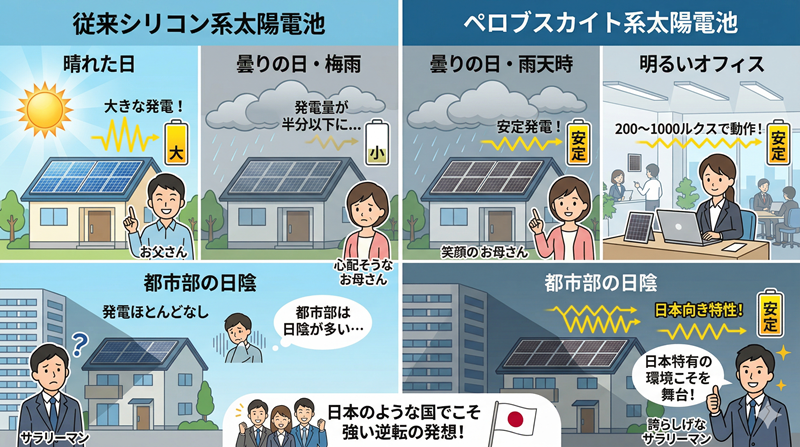 ペロブスカイトは弱い光でも発電する図解