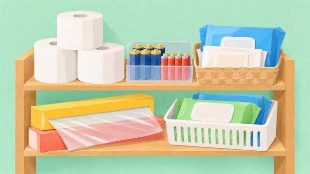 トイレットペーパー・乾電池・ラップ・ウェットティッシュを少しずつ並べた棚の切り絵風イラスト