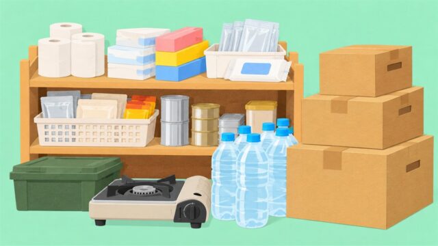 棚とダンボール箱・カセットコンロ・水のボトルを並べた家庭の備蓄の切り絵風イラスト